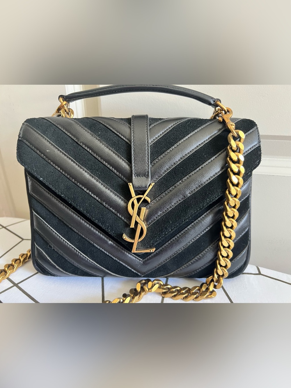 ✨🖤 Black College Chevron Suede & Leather Quilted Satchel with Gold Chain bag